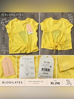 Blogilates Girls’ Bow Back Tee Yellow XL (14) NWT